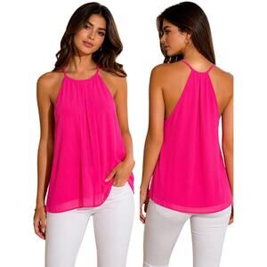 Noroh Pink Halter Blouse Womens M Sleeveless Flowy Pleated Top